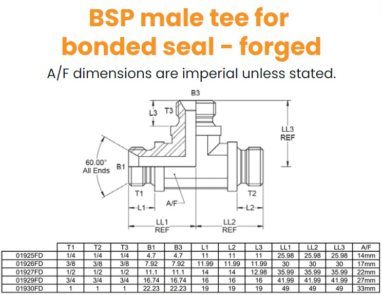 1/4 BSP M/M/M Forged Tee For Bonded Seal Hydraulic Adaptor